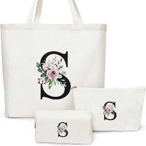 3-Piece Canvas Tote Bag with 2 Makeup Bags -10.6" x 3" x 6" & 7" x 2.5" x 4"